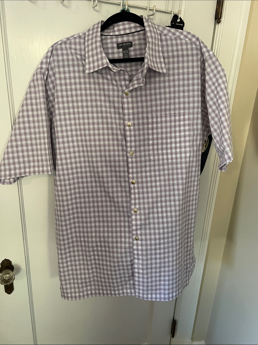 Van Heusen Men’s Lavender and White Short Sleeve Plaid Button-Down Shirt